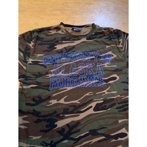 University of Alaska Fairbanks Camo Tee Shirt Blue Spell Out M Vintage